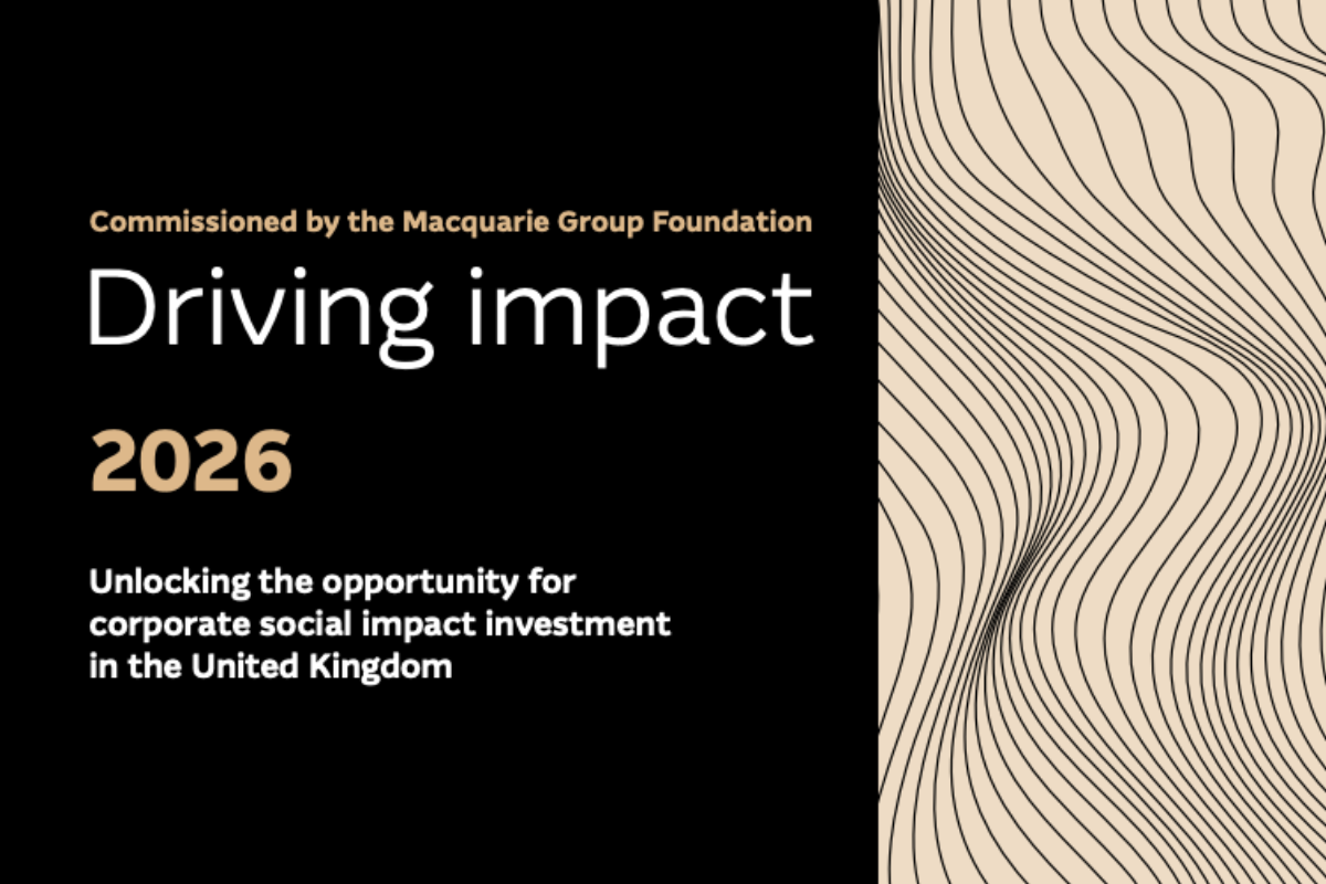 Cover image for the report “Driving Impact 2026,” commissioned by the Macquarie Group Foundation, on corporate social impact investment in the UK.